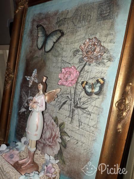 Dekoratív Pillangós és Virágos Fali Kép Díszes Kerettel