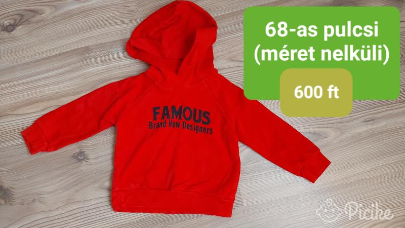 FAMOUS feliratos piros gyerek kapucnis pulóver 68-as méretben